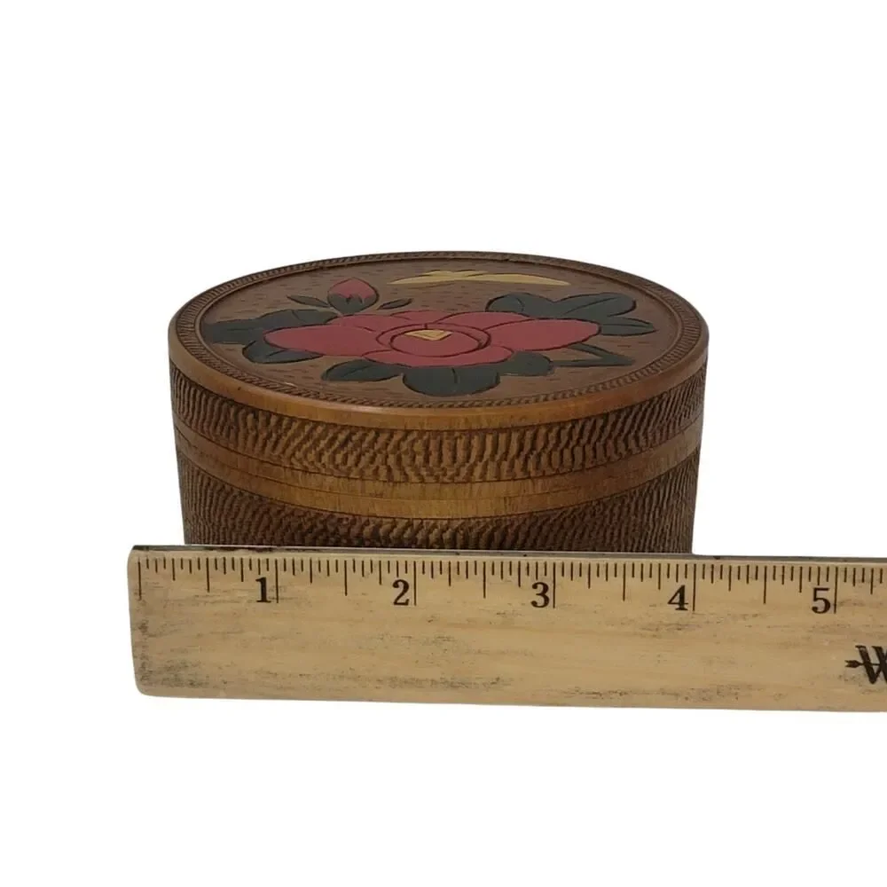 Vintage 20th Century Japanese Hand Carved Box and 6 Coaster‎ Set Floral Flowers